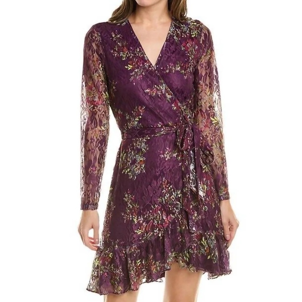 NWT Laundry by Shelli Segal Purple Floral Lace Wrap Dress Size 10 Easter Dress